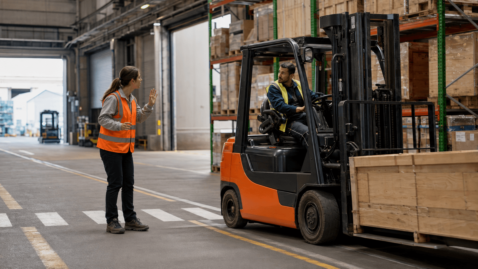 Warehouse worker beside a forklift